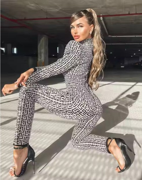 Jacquard Women Pant Suit Long Sleeve Elastic Bandage Jumpsuit