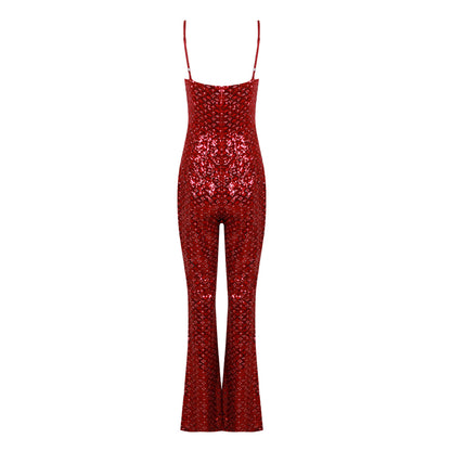 Sleeveless Sexy Strap , Shinning Sequins Bodycon Jumpsuit Fashion Elegant Evening Party Celebrate Wear Red