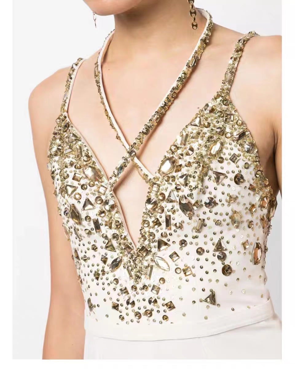 Sexy Deep-V Neckline  Sleeveless Luxury Beads Rhinestone Wide Leg .Fashion Halter Jumpsuit