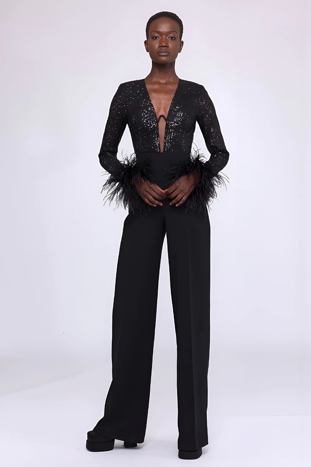 Black Sexy V-neck Feather Long Sleeve Slim Spliced Lace Long Loose Sequin Jumpsuit