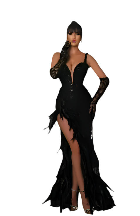 Luxury Sequin Beading Black Maxi Dresses With High Slit High Quality Pearl Feather Sexy Ball Gown