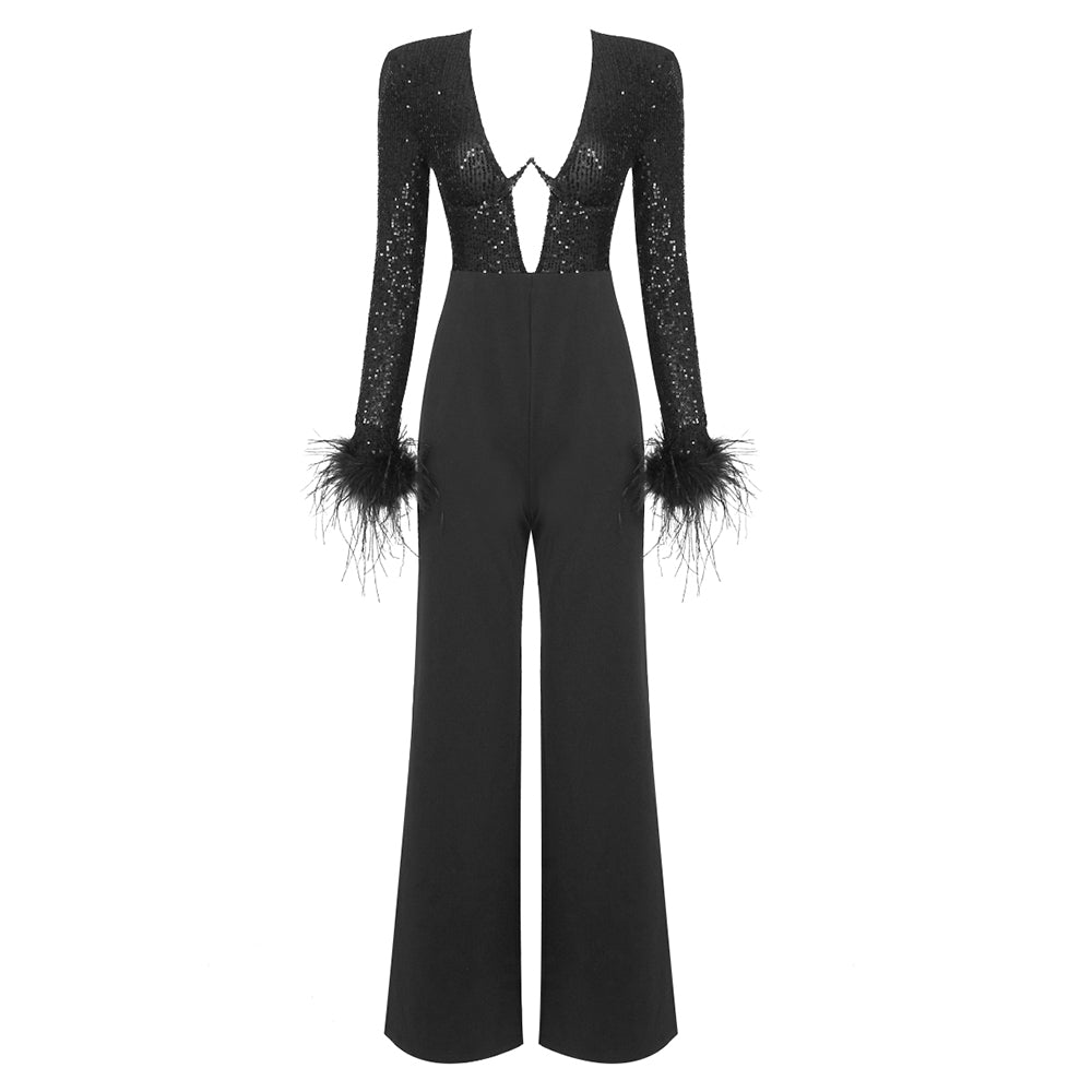 Black Sexy V-neck Feather Long Sleeve Slim Spliced Lace Long Loose Sequin Jumpsuit