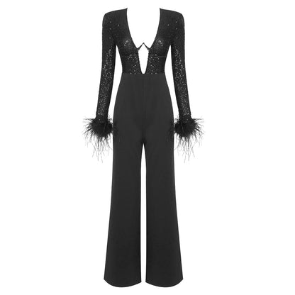 Black Sexy V-neck Feather Long Sleeve Slim Spliced Lace Long Loose Sequin Jumpsuit