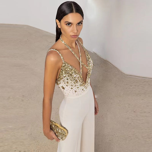 Sexy Deep-V Neckline  Sleeveless Luxury Beads Rhinestone Wide Leg .Fashion Halter Jumpsuit